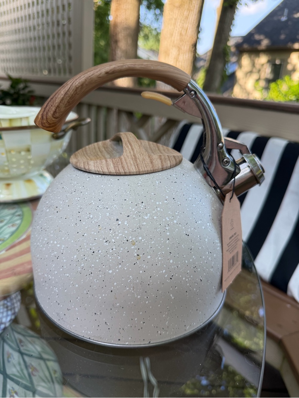 Speckled Cream Whistling Stovetop Kettle with Wood-Style Handle - Picture 2 of 3